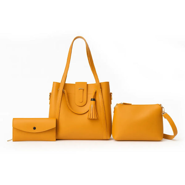 3Pcs Mustard Handbag Set Tote, Crossbody & Wallet